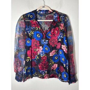 WHBM Sheer Black Floral Blouse Sz M